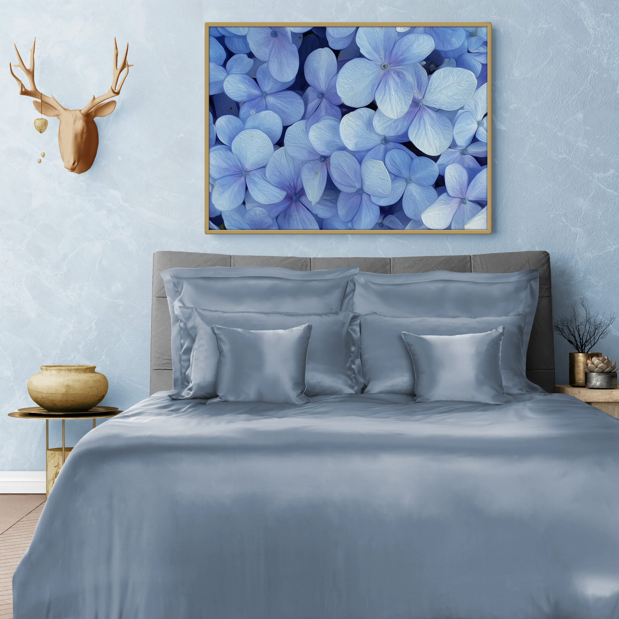 Zestaw: Seven 180/200+2x 70/80 Pościel jedwabna - kolor: Niebieski Szary